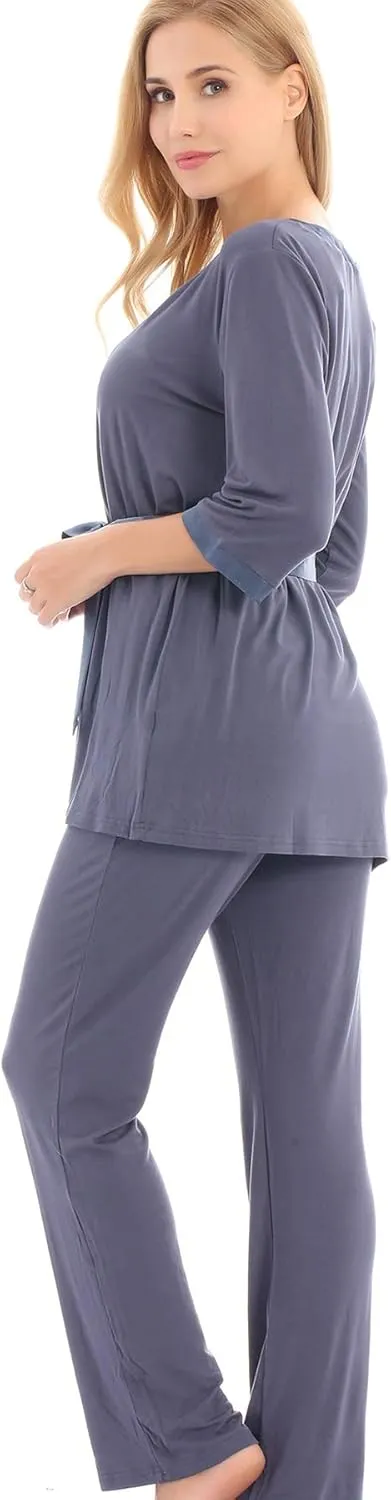 Bearsland Maternity Women's 3 Pieces Soft Nursing Pajamas Set Postpartum Sleepwear for Breastfeeding