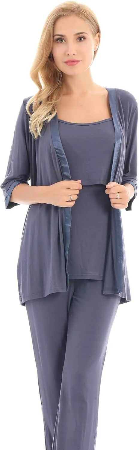 Bearsland Maternity Women's 3 Pieces Soft Nursing Pajamas Set Postpartum Sleepwear for Breastfeeding