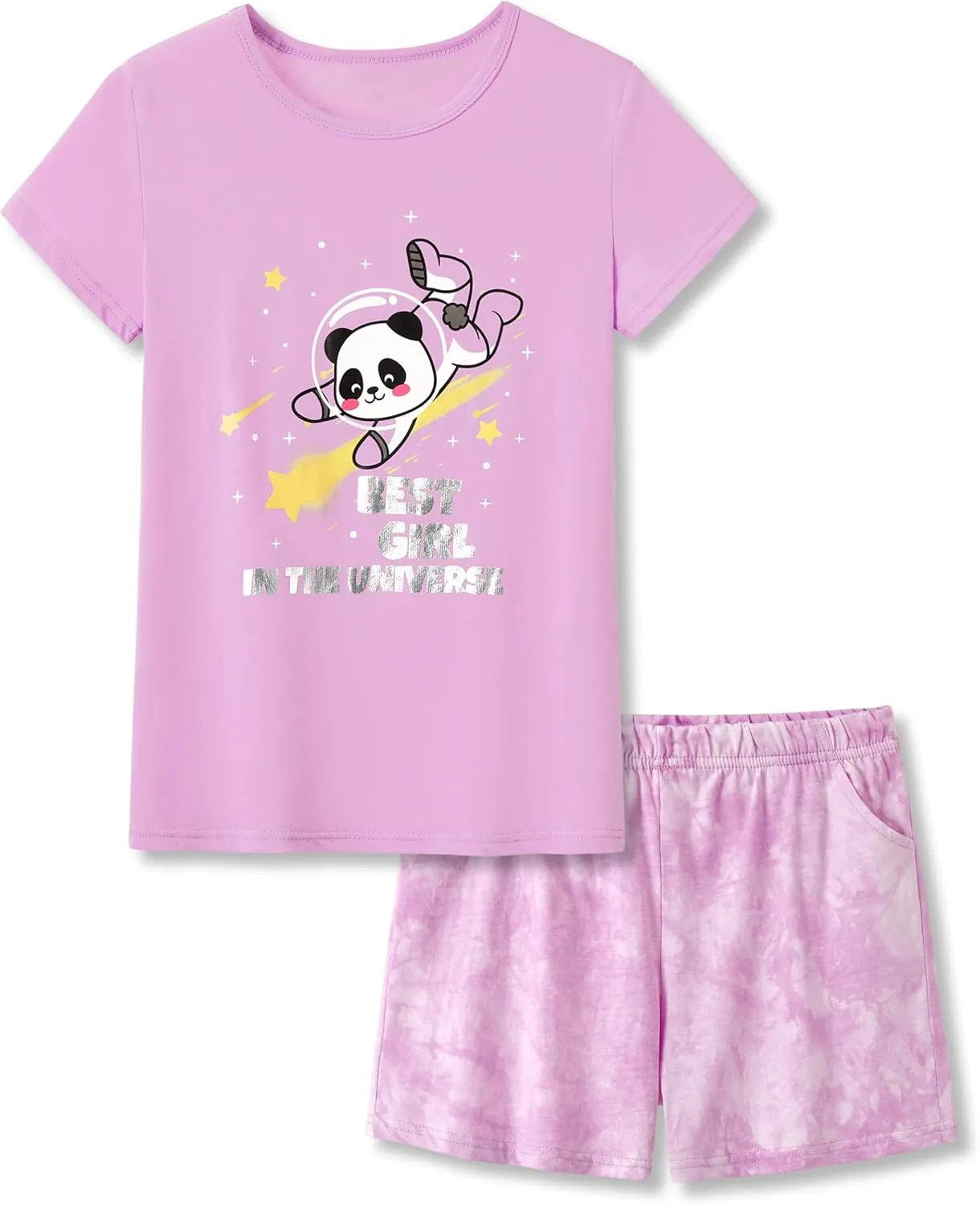 Beezizac Tie Dye Pajamas for Girls - 100% Cotton Glitter Butterfly Cat Summer Short Sleeve PJ Set Tween Clothes Size 4T - 18