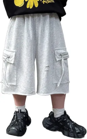 Boy's Shorts High Waisted Quick Dry Casual Button Pants Solid Color Kids Fashion Wide Leg Sweatpants