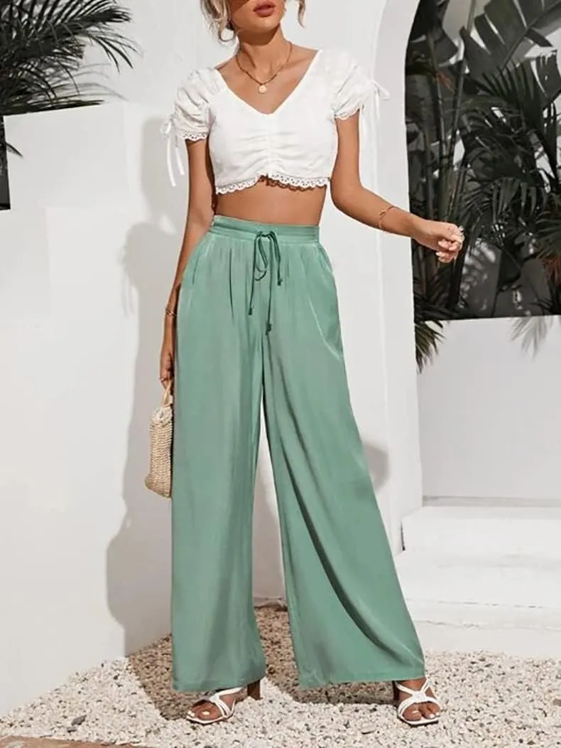 Business Pants Women, High Waist Wide Leg Work Pants, Casual Flowy Tie Adjustable Knot Palazzo Trousers with Pockets