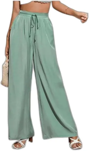 Business Pants Women, High Waist Wide Leg Work Pants, Casual Flowy Tie Adjustable Knot Palazzo Trousers with Pockets