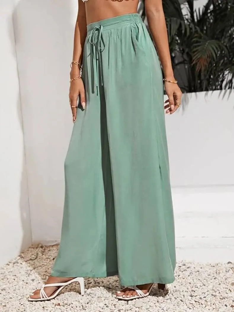 Business Pants Women, High Waist Wide Leg Work Pants, Casual Flowy Tie Adjustable Knot Palazzo Trousers with Pockets
