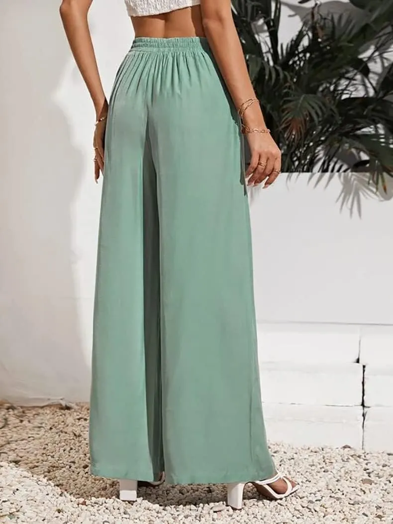 Business Pants Women, High Waist Wide Leg Work Pants, Casual Flowy Tie Adjustable Knot Palazzo Trousers with Pockets