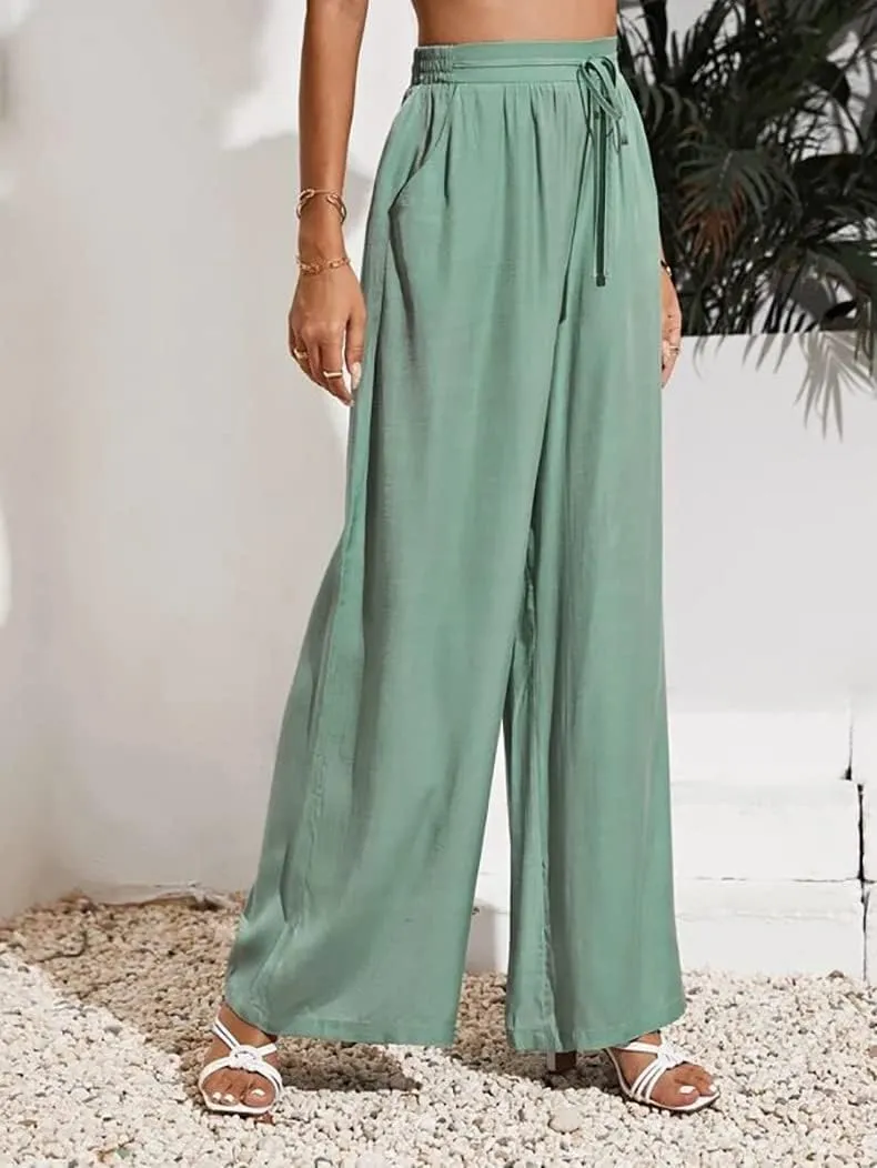 Business Pants Women, High Waist Wide Leg Work Pants, Casual Flowy Tie Adjustable Knot Palazzo Trousers with Pockets