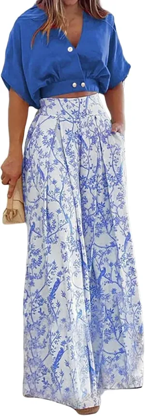 Canbebig Two Piece Summer Sets for Women Floral Outfits Short Sleeve Crop Tops and Wide Leg Boho Pants Sets Vacation Clothes