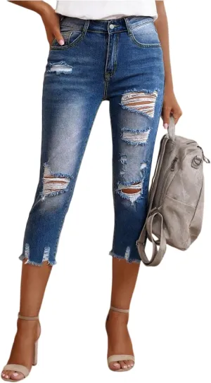 Capri Jeans for Women Stretch Skinny Distressed Denim Capris with Pockets High Waisted Straight Leg Ripped Jeans