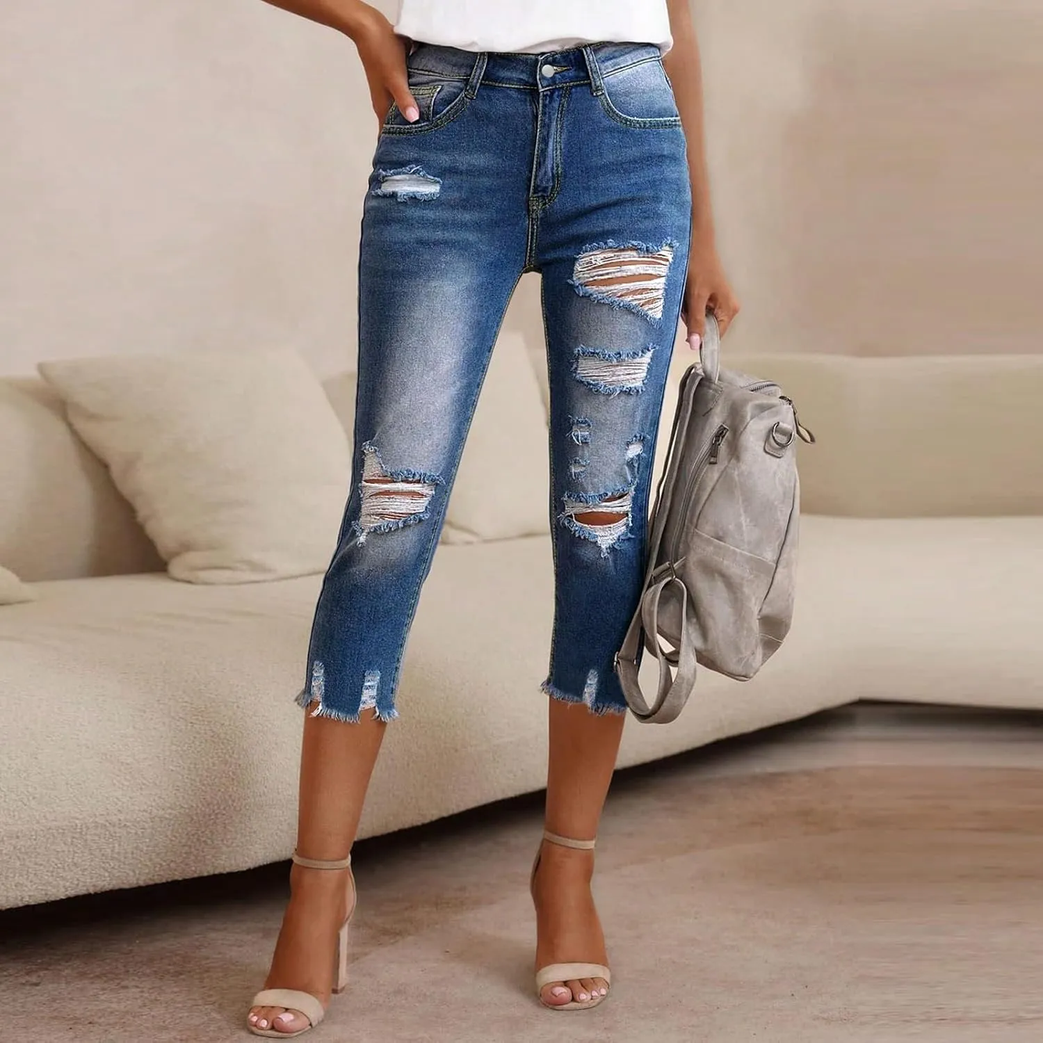 Capri Jeans for Women Stretch Skinny Distressed Denim Capris with Pockets High Waisted Straight Leg Ripped Jeans