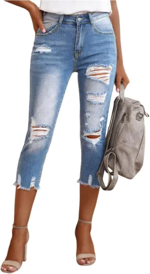 Capri Jeans for Women Stretch Skinny Distressed Denim Capris with Pockets High Waisted Straight Leg Ripped Jeans