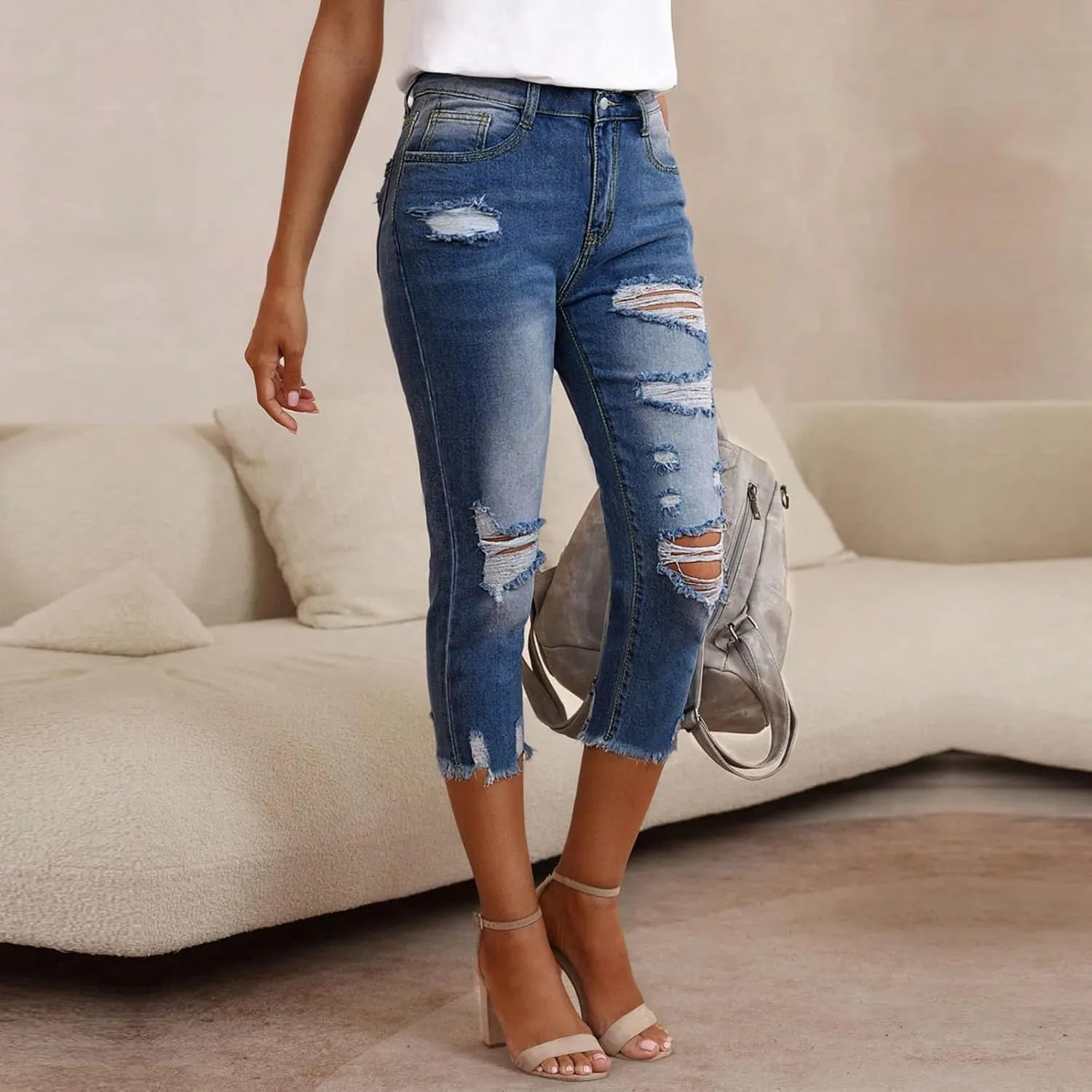 Capri Jeans for Women Stretch Skinny Distressed Denim Capris with Pockets High Waisted Straight Leg Ripped Jeans