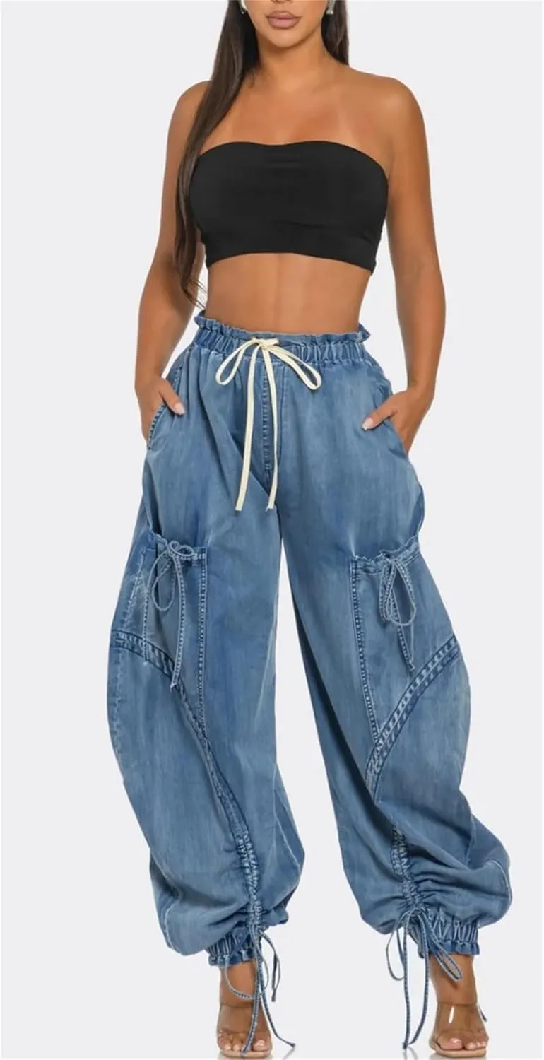 Cargo Jeans for Women High Waisted Drawstring Baggy Jogger Pants Loose Fit Denim Pant Sweatpants