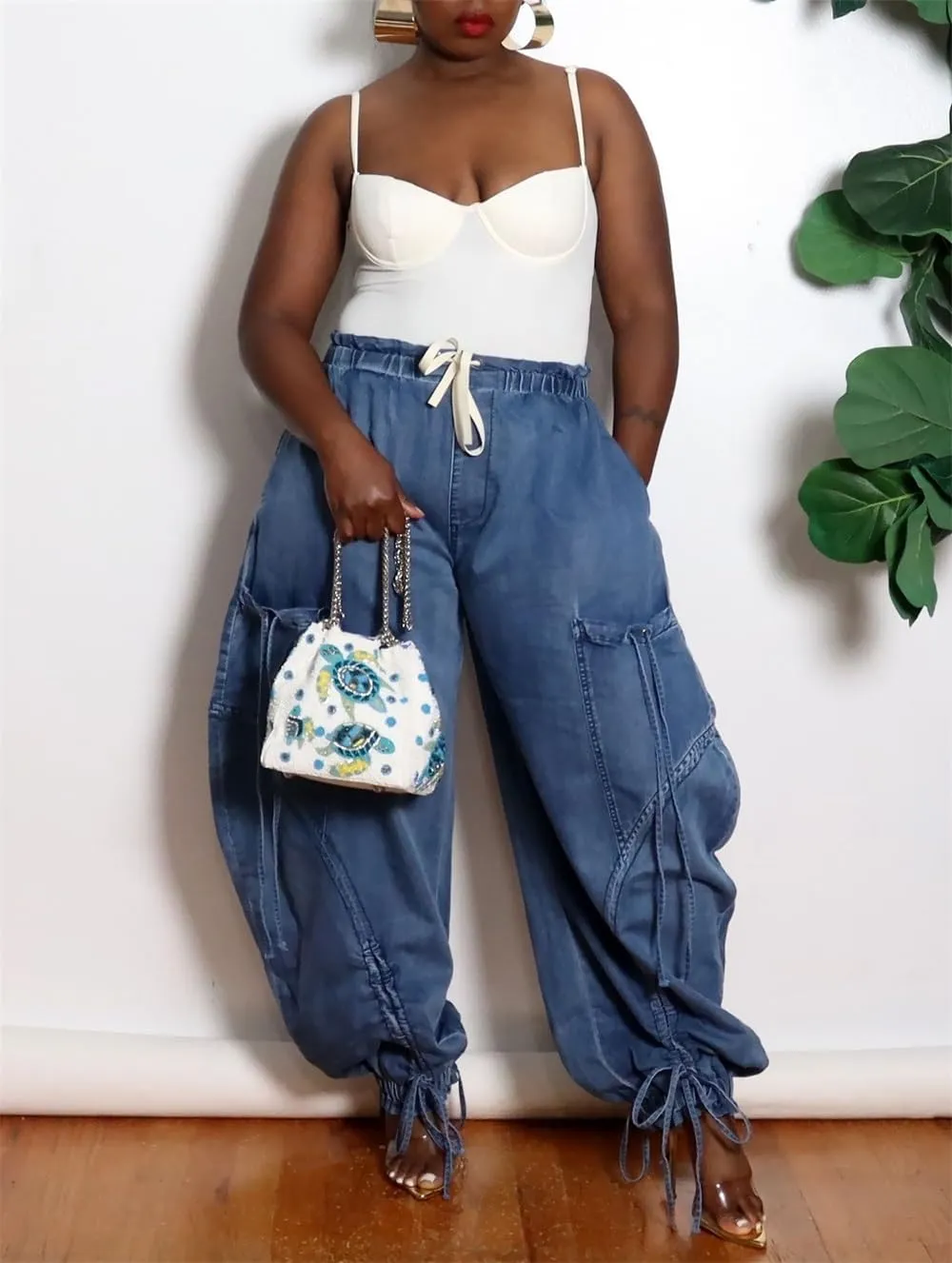 Cargo Jeans for Women High Waisted Drawstring Baggy Jogger Pants Loose Fit Denim Pant Sweatpants