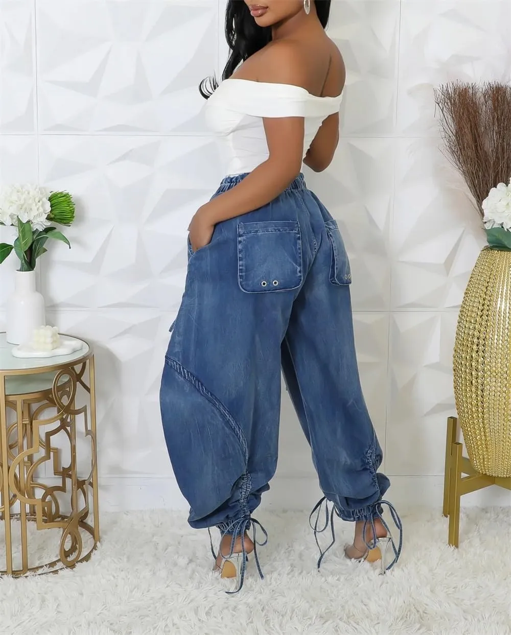 Cargo Jeans for Women High Waisted Drawstring Baggy Jogger Pants Loose Fit Denim Pant Sweatpants