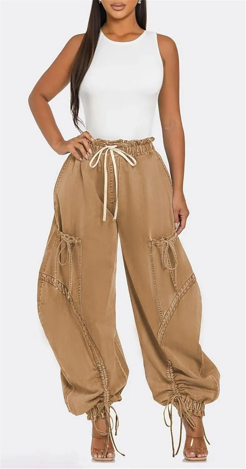 Cargo Jeans for Women High Waisted Drawstring Baggy Jogger Pants Loose Fit Denim Pant Sweatpants