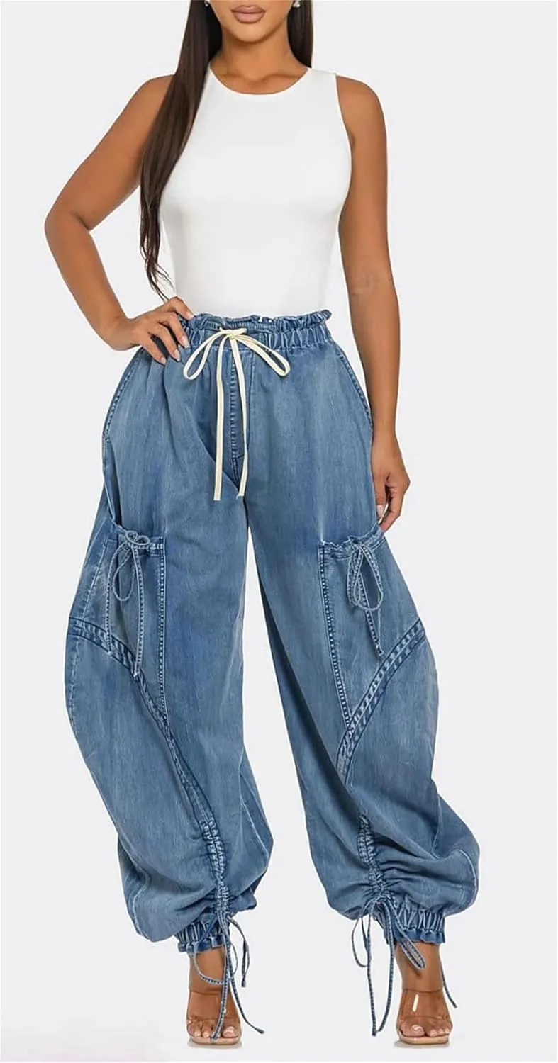 Cargo Jeans for Women High Waisted Drawstring Baggy Jogger Pants Loose Fit Denim Pant Sweatpants