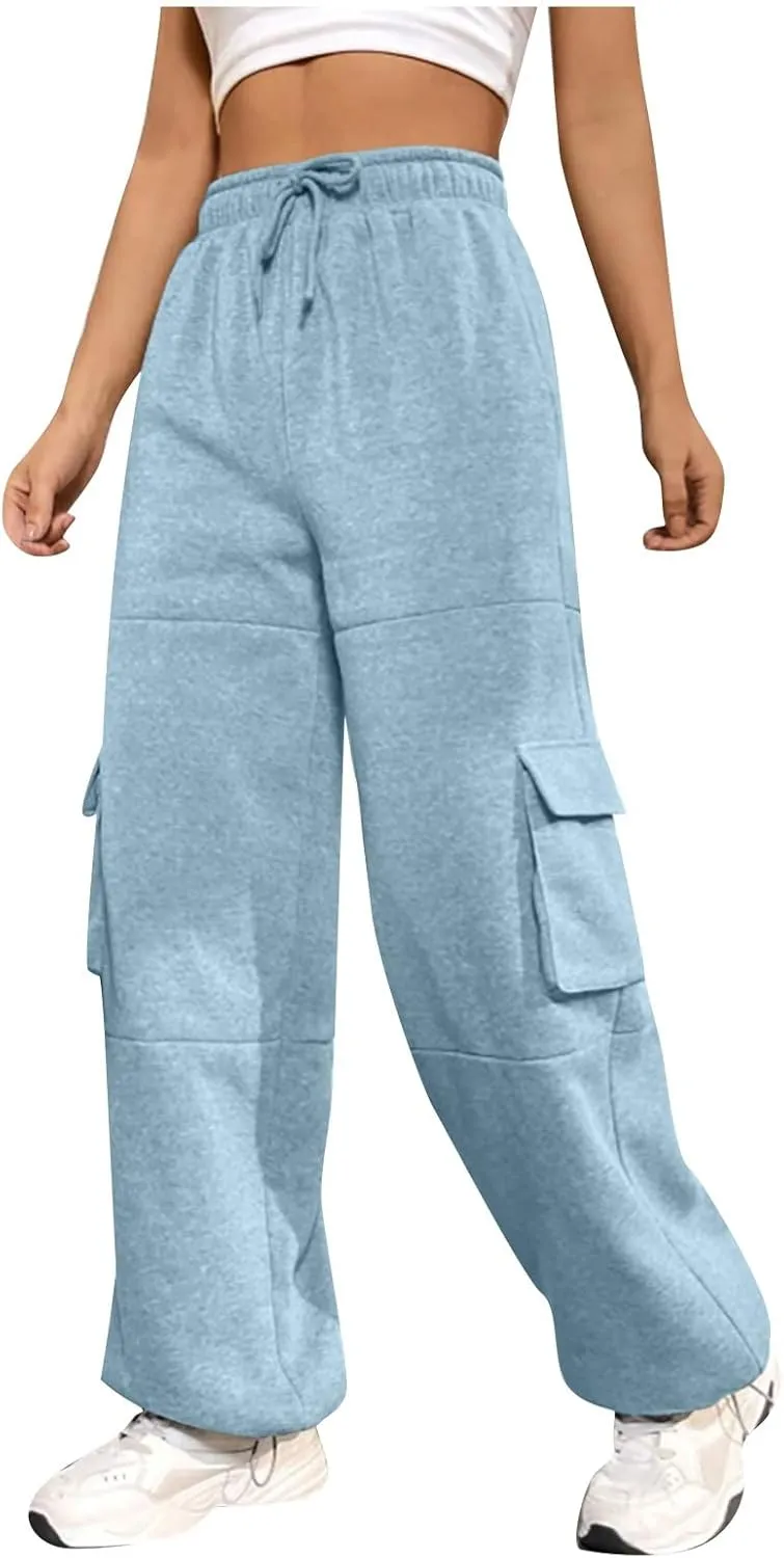 Cargo Joggers for Women Athletic High Waisted Fleece Sweatpants with Pockets Comfy Workout Elastic Waist Pants