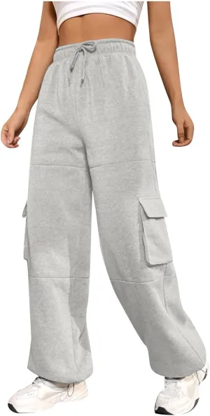 Cargo Joggers for Women Athletic High Waisted Fleece Sweatpants with Pockets Comfy Workout Elastic Waist Pants