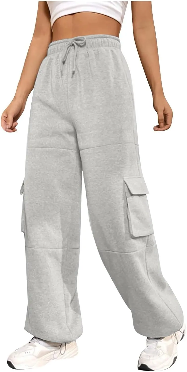 Cargo Joggers for Women Athletic High Waisted Fleece Sweatpants with Pockets Comfy Workout Elastic Waist Pants