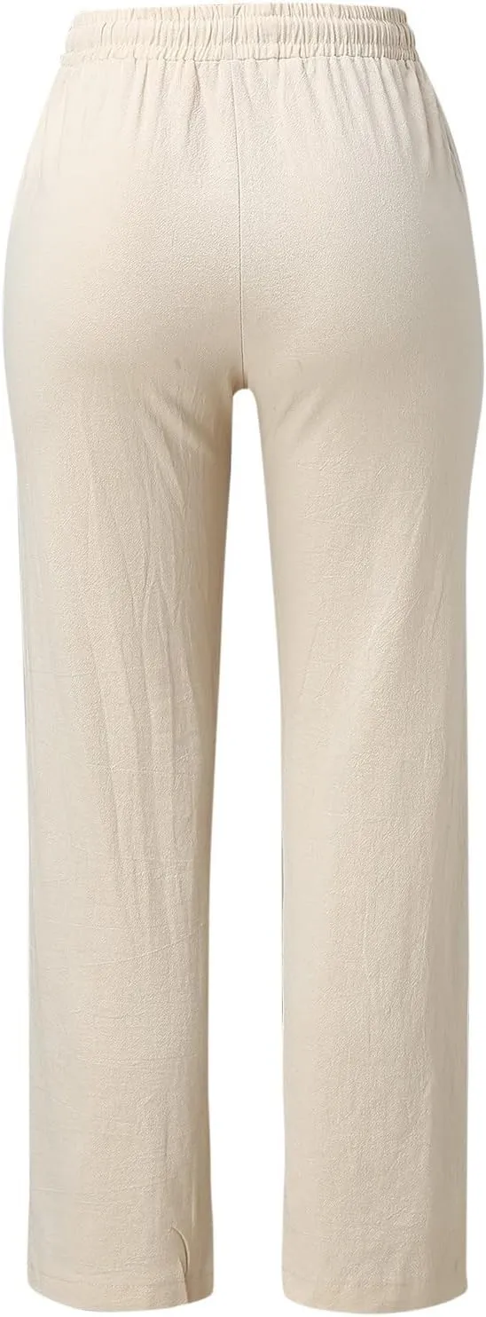 Casual Cotton Linen Pants for Women 2025 New Summer Loose Fit Straight Leg Drawstring Elastic Waist Beach Pants