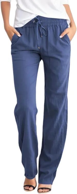 Casual Cotton Linen Pants for Women 2025 New Summer Loose Fit Straight Leg Drawstring Elastic Waist Beach Pants