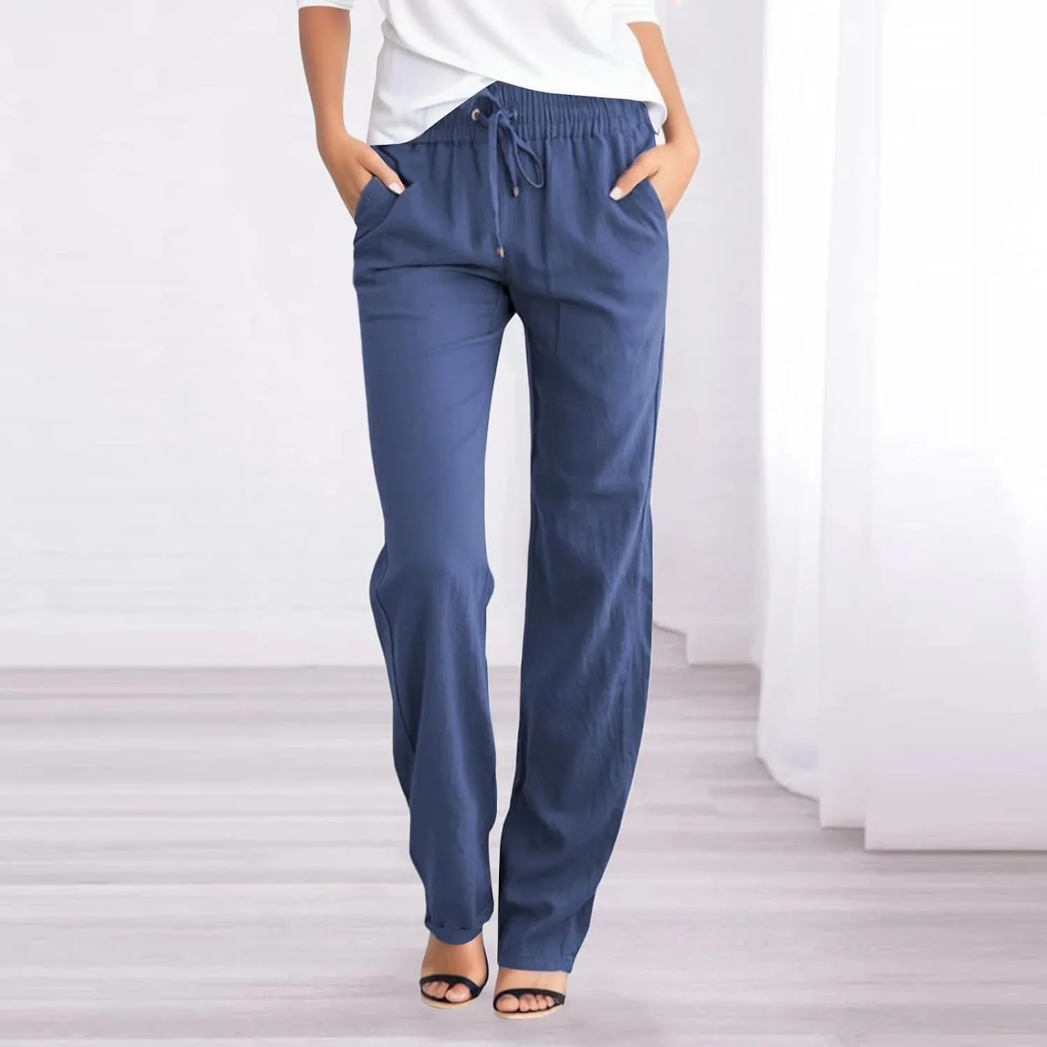 Casual Cotton Linen Pants for Women 2025 New Summer Loose Fit Straight Leg Drawstring Elastic Waist Beach Pants