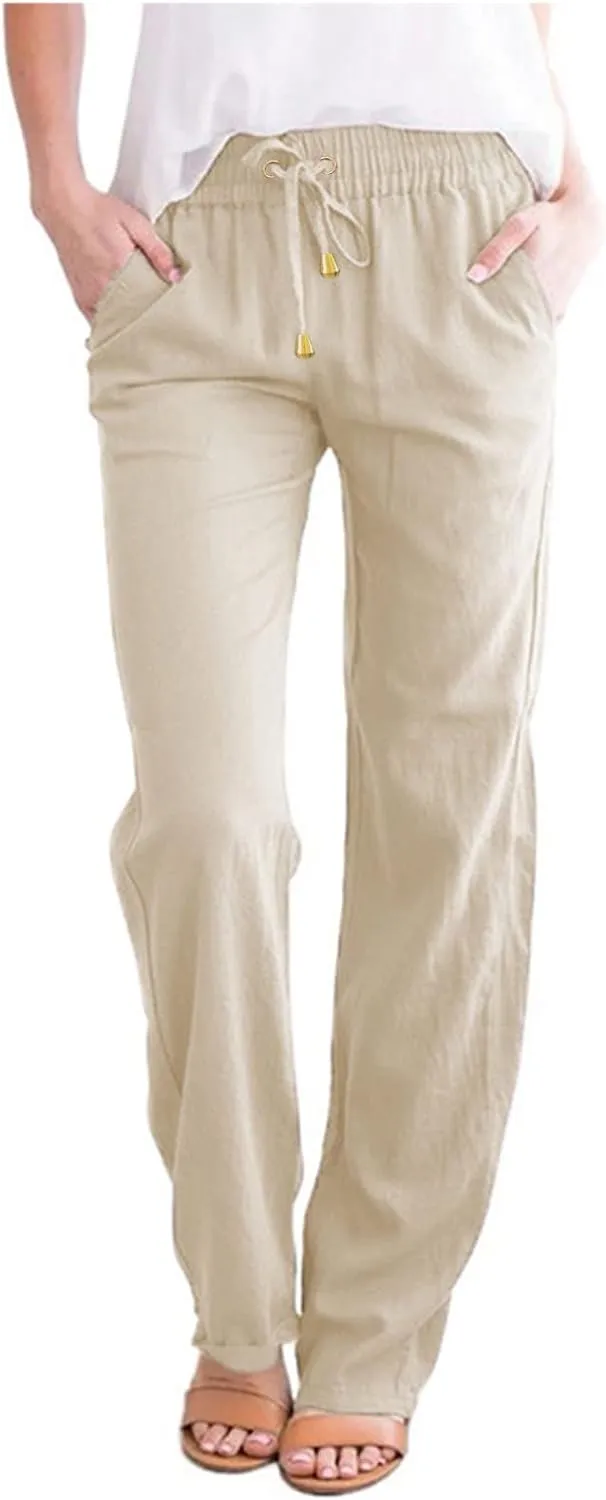 Casual Cotton Linen Pants for Women 2025 New Summer Loose Fit Straight Leg Drawstring Elastic Waist Beach Pants