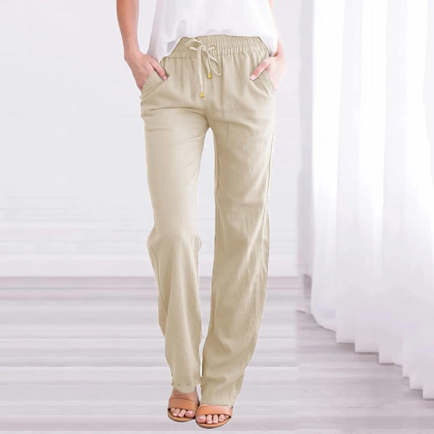 Casual Cotton Linen Pants for Women 2025 New Summer Loose Fit Straight Leg Drawstring Elastic Waist Beach Pants