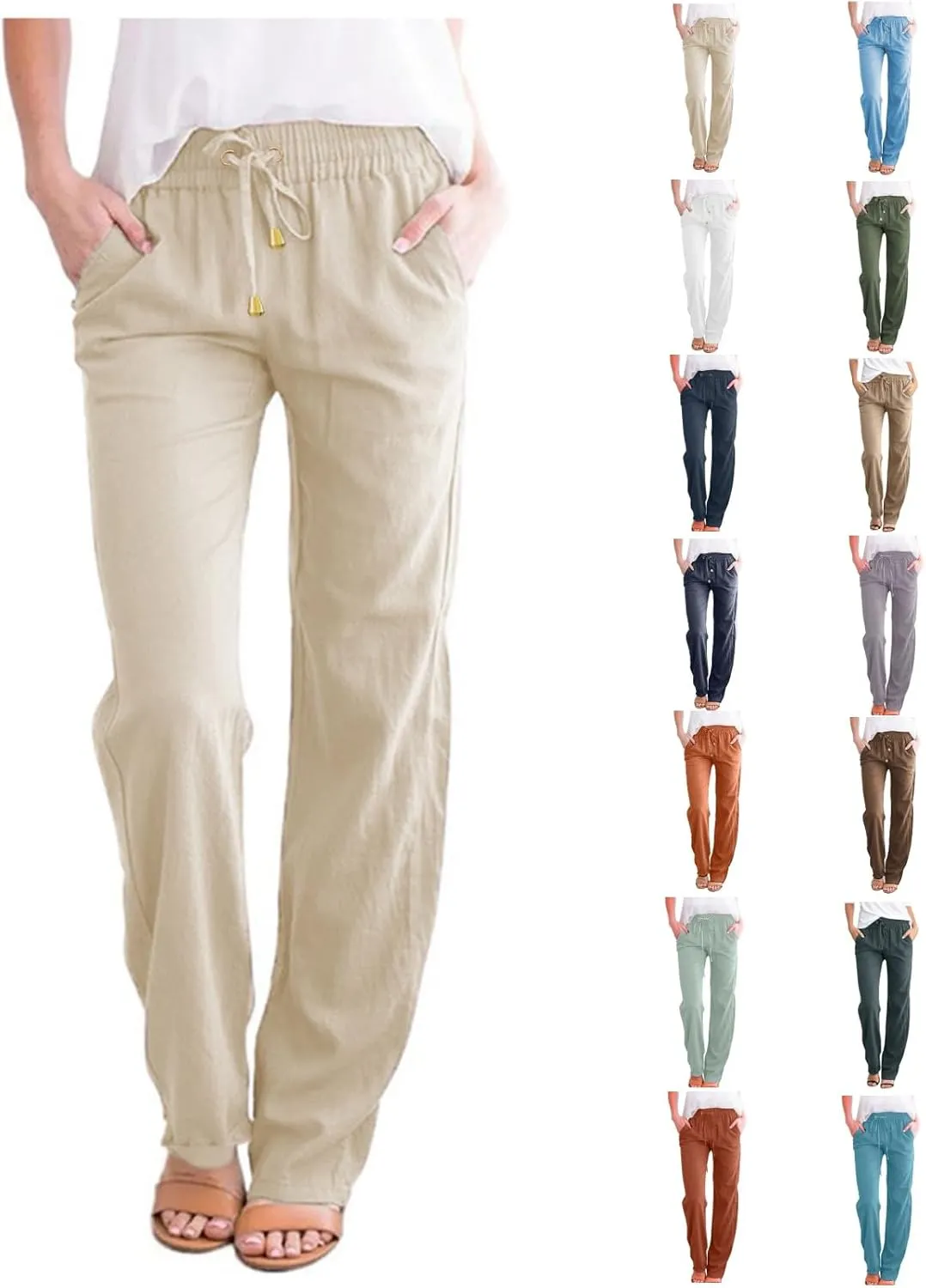Casual Cotton Linen Pants for Women 2025 New Summer Loose Fit Straight Leg Drawstring Elastic Waist Beach Pants