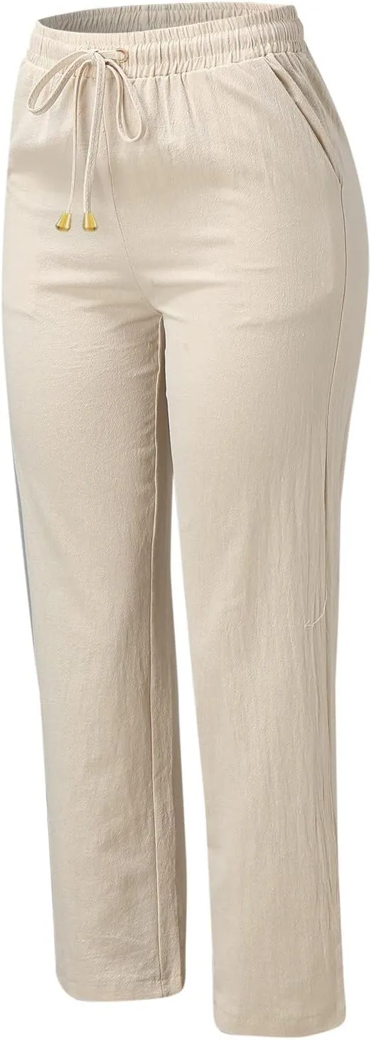 Casual Cotton Linen Pants for Women 2025 New Summer Loose Fit Straight Leg Drawstring Elastic Waist Beach Pants