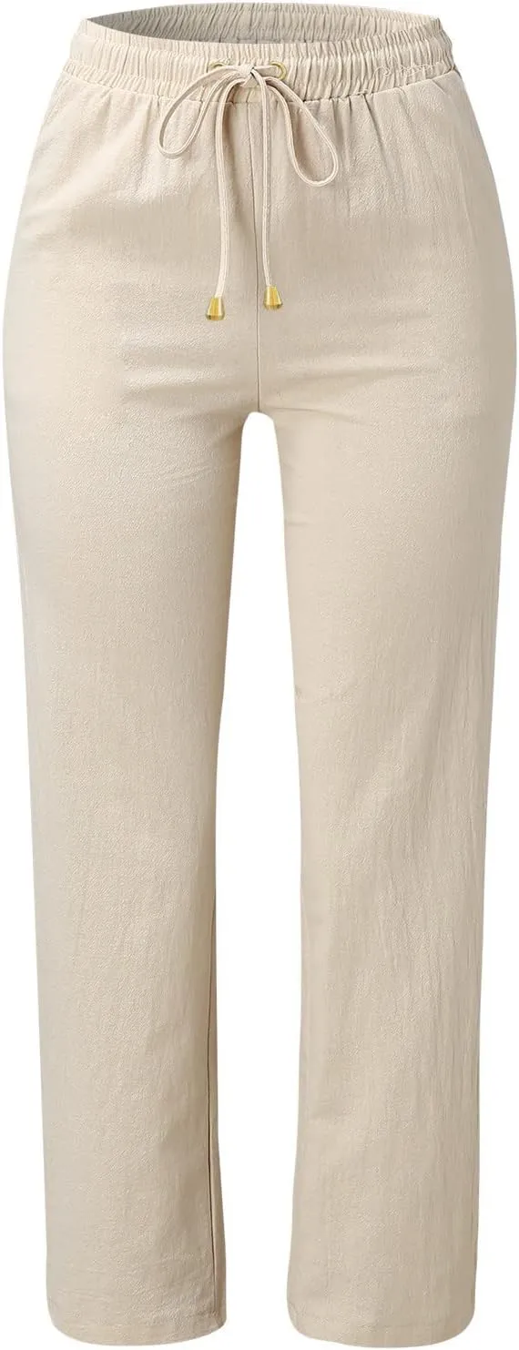 Casual Cotton Linen Pants for Women 2025 New Summer Loose Fit Straight Leg Drawstring Elastic Waist Beach Pants