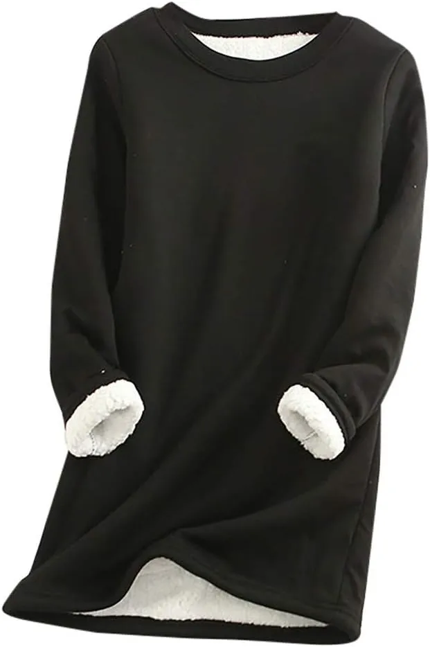 Ceboyel Womens Fleece Pullover Sweatshirt No Hood Shirts Sweater Sherpa Lined Tunic Sweatshirts Warm Winter Loungewear 2023