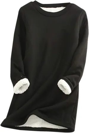 Ceboyel Womens Fleece Pullover Sweatshirt No Hood Shirts Sweater Sherpa Lined Tunic Sweatshirts Warm Winter Loungewear 2023
