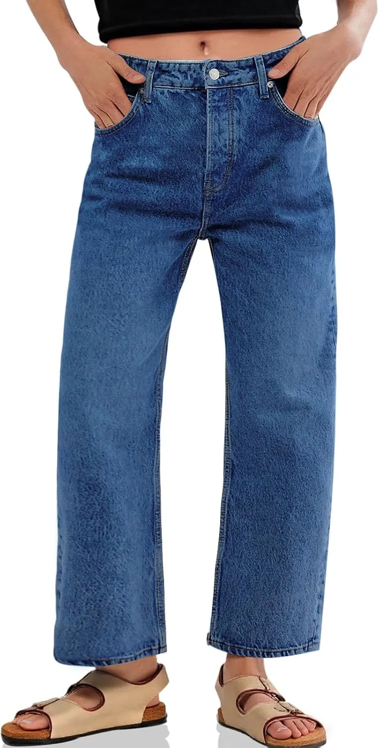Cicy Bell Womens Baggy Horseshoe Jeans Boyfriend Wide Leg Vintage Mid Rise Cropped Denim Pants