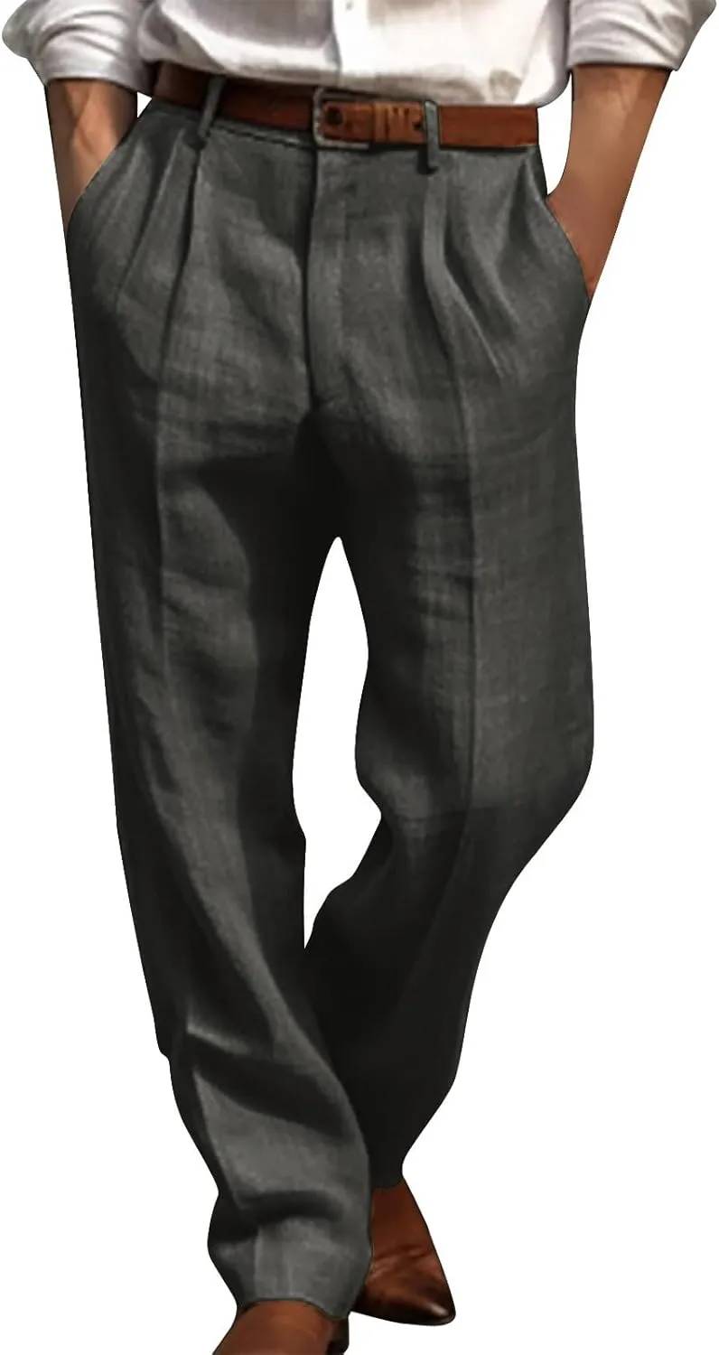 Cotton Linen Pants Men Straight Leg Pleated Work Dress Pants Casual Wide Leg Pants Loose Fit Leisure Chino Trousers