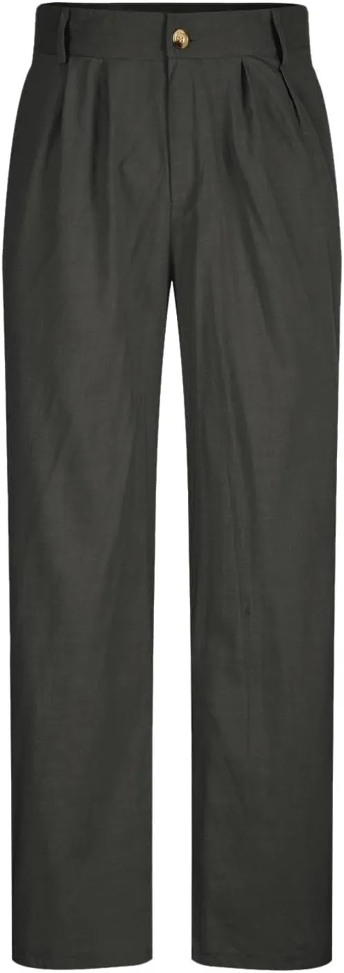 Cotton Linen Pants Men Straight Leg Pleated Work Dress Pants Casual Wide Leg Pants Loose Fit Leisure Chino Trousers