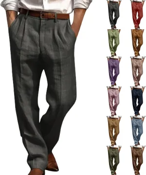 Cotton Linen Pants Men Straight Leg Pleated Work Dress Pants Casual Wide Leg Pants Loose Fit Leisure Chino Trousers