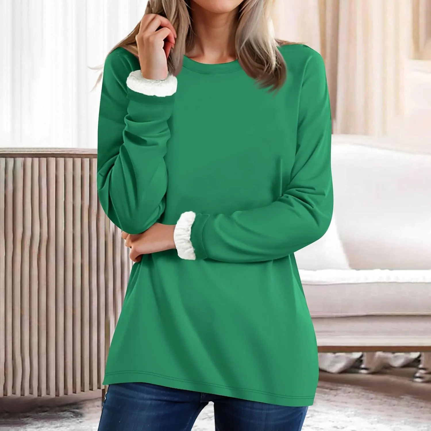 Crewneck Sweatshirt for Women 2024 Winter Warm Sherpa Lined Fleece Sweaters Long Sleeve Pullover Tops Comfy Soft