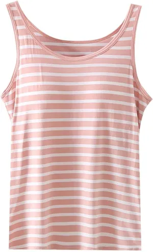 Cute Striped Modal Tank Tops Women Summer Yoga Workout Built in Bra Modal Sleeveless T-Shirts Soft Comfy Undershirt