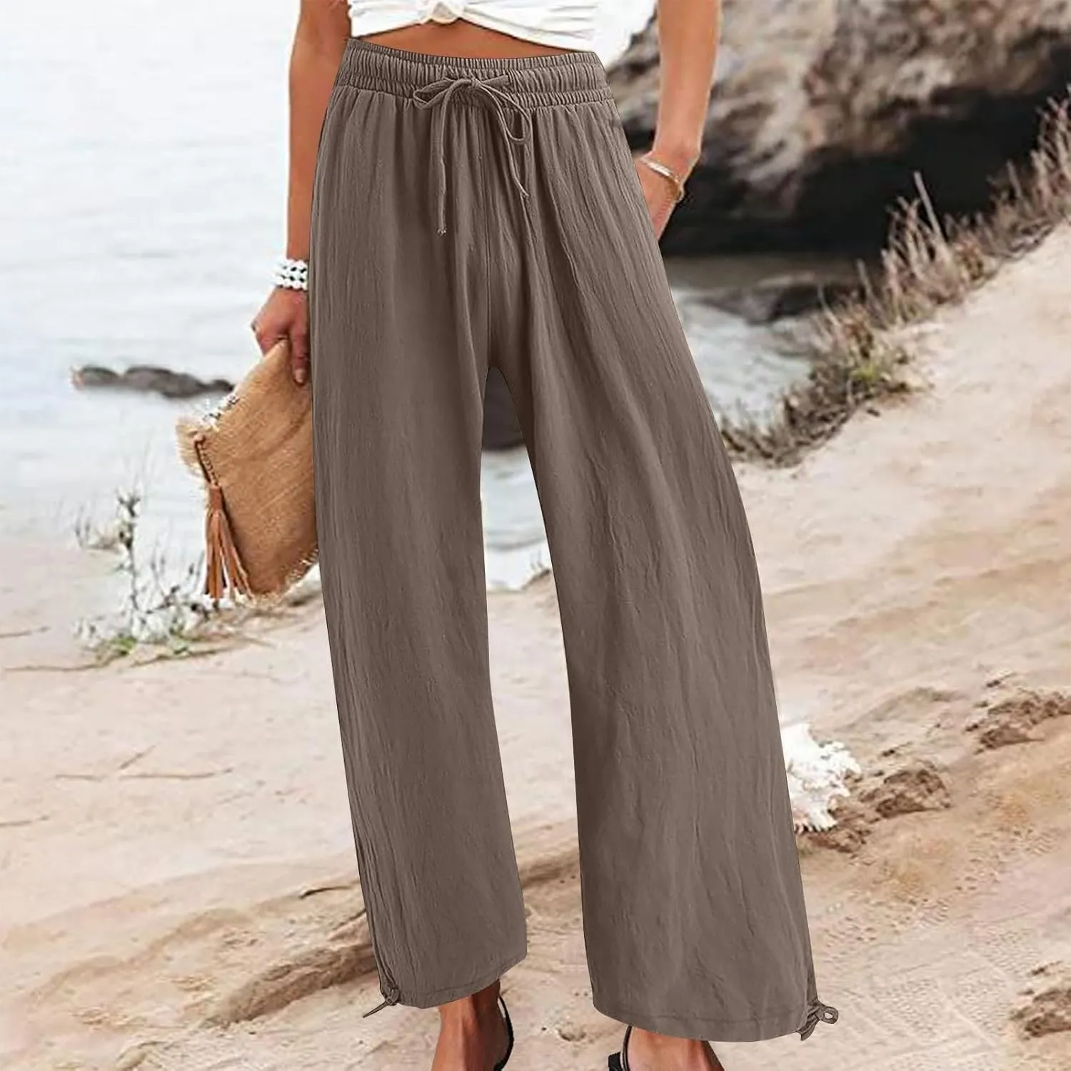 DASAYO Linen Pants Fcor Women Summer Drawstring Elastic Waist Casual Trousers with Pockets Loose Fit Wide Leg Beach Pants