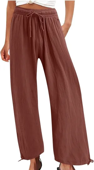 DASAYO Linen Pants Fcor Women Summer Drawstring Elastic Waist Casual Trousers with Pockets Loose Fit Wide Leg Beach Pants