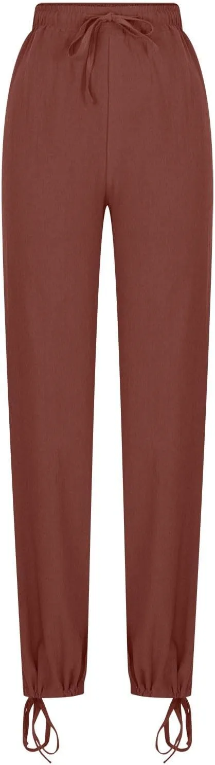 DASAYO Linen Pants Fcor Women Summer Drawstring Elastic Waist Casual Trousers with Pockets Loose Fit Wide Leg Beach Pants