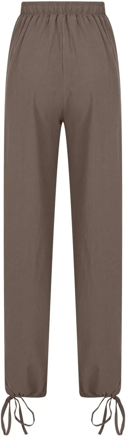 DASAYO Linen Pants Fcor Women Summer Drawstring Elastic Waist Casual Trousers with Pockets Loose Fit Wide Leg Beach Pants