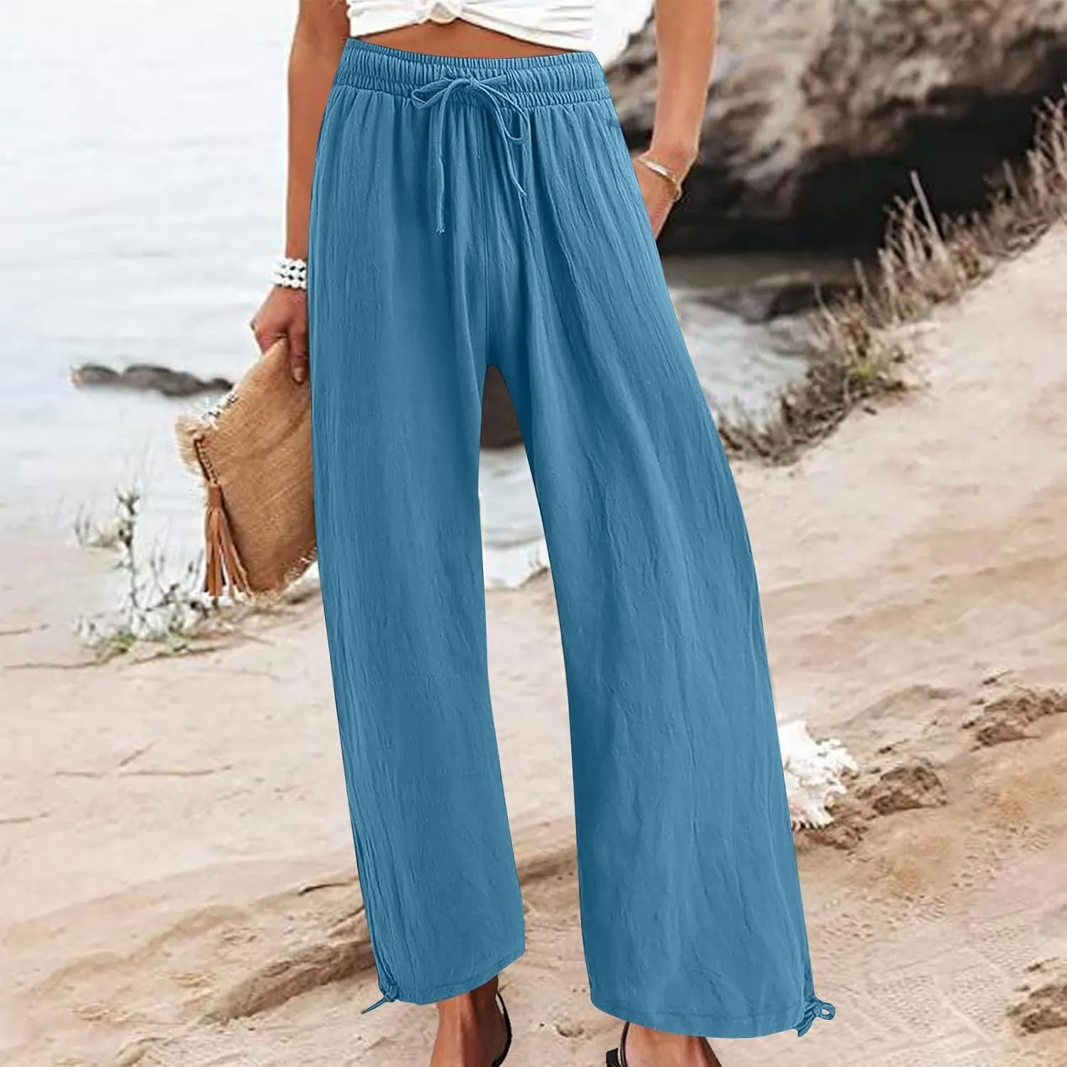 DASAYO Linen Pants Fcor Women Summer Drawstring Elastic Waist Casual Trousers with Pockets Loose Fit Wide Leg Beach Pants