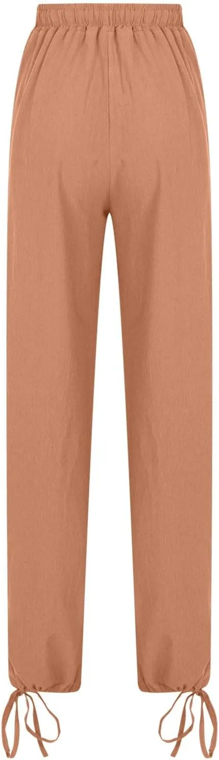 DASAYO Linen Pants Fcor Women Summer Drawstring Elastic Waist Casual Trousers with Pockets Loose Fit Wide Leg Beach Pants