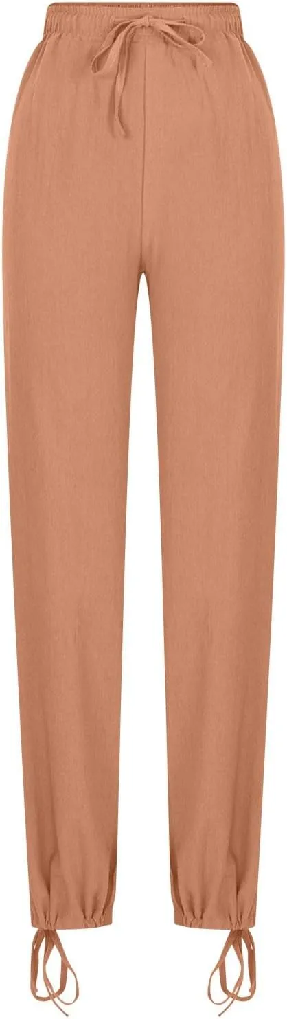DASAYO Linen Pants Fcor Women Summer Drawstring Elastic Waist Casual Trousers with Pockets Loose Fit Wide Leg Beach Pants