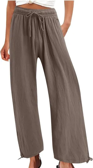 DASAYO Linen Pants Fcor Women Summer Drawstring Elastic Waist Casual Trousers with Pockets Loose Fit Wide Leg Beach Pants