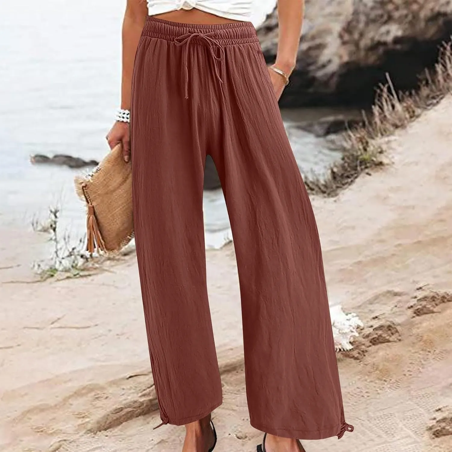 DASAYO Linen Pants Fcor Women Summer Drawstring Elastic Waist Casual Trousers with Pockets Loose Fit Wide Leg Beach Pants