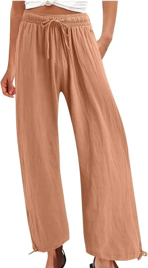 DASAYO Linen Pants Fcor Women Summer Drawstring Elastic Waist Casual Trousers with Pockets Loose Fit Wide Leg Beach Pants