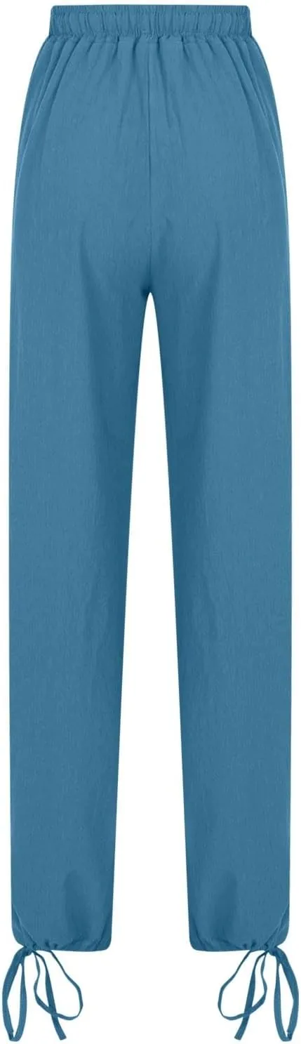DASAYO Linen Pants Fcor Women Summer Drawstring Elastic Waist Casual Trousers with Pockets Loose Fit Wide Leg Beach Pants