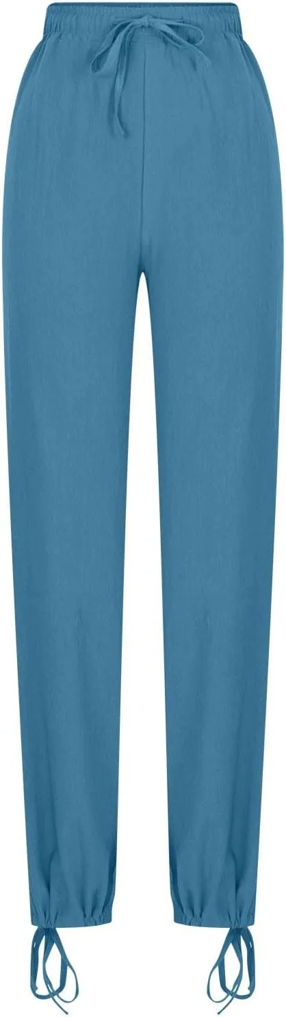 DASAYO Linen Pants Fcor Women Summer Drawstring Elastic Waist Casual Trousers with Pockets Loose Fit Wide Leg Beach Pants